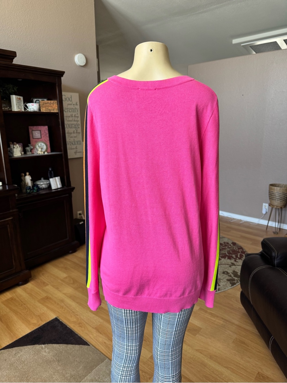 Belle by Kim Gravel Hot Pink Long Sleeve Sweater with Rainbow Sleeve Stripes-L - Picture 8 of 10